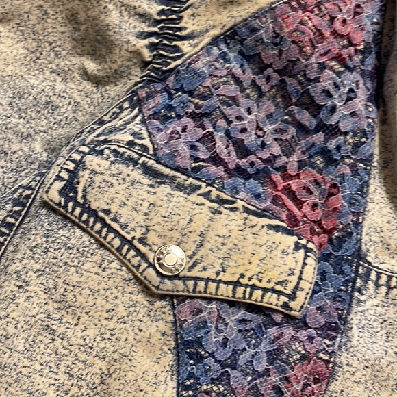 Vintage Acid Wash Denim Tie Dye Lace Quilted Puffer Stand Collar Jacket - Picture 7 of 12